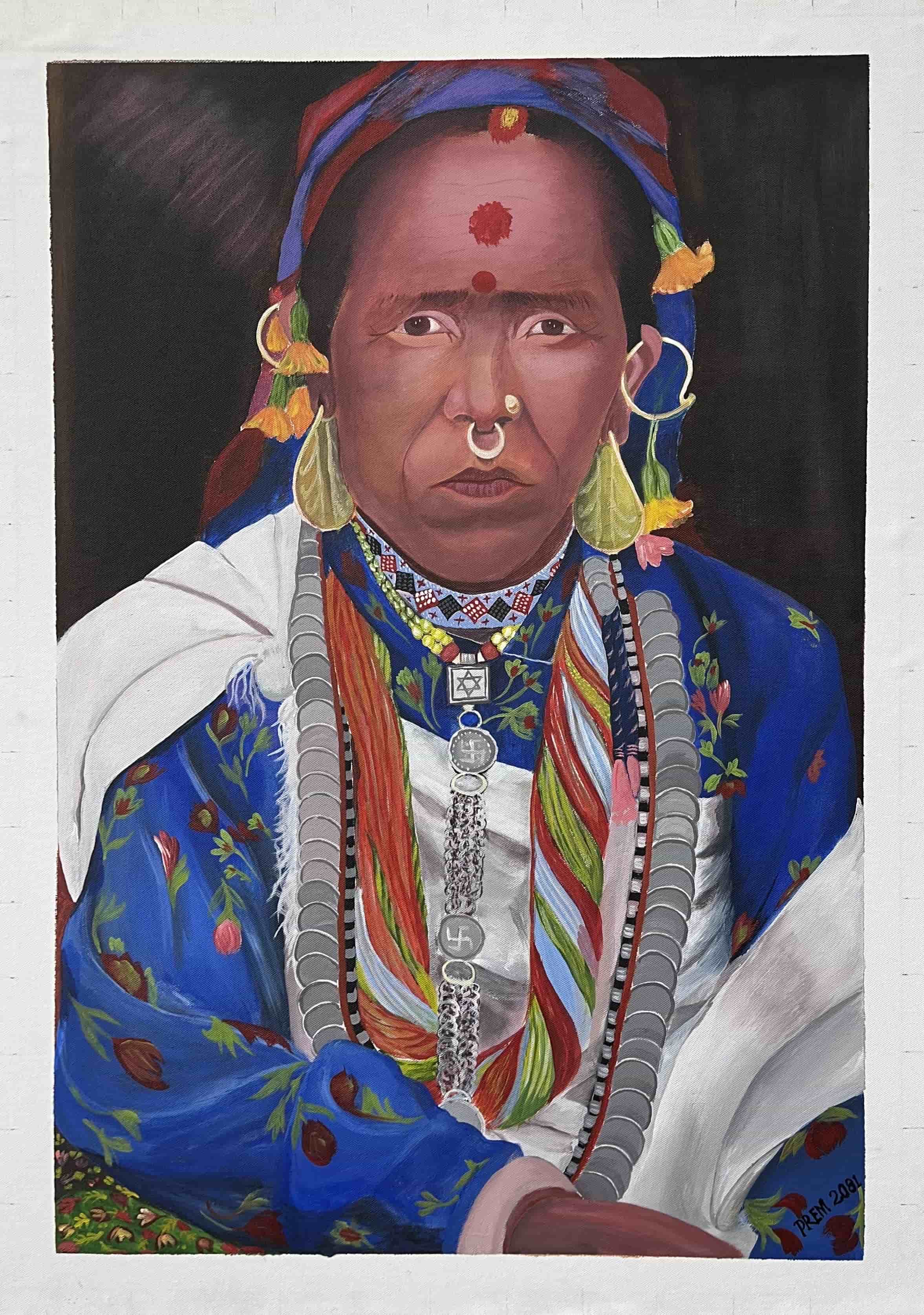 A Sudur Paschim (Far Western) woman in traditional attire. The big bulaki and fuli on the nose, with the ‘Rupiya’ necklace, the Pote and the wearing of Cholo and shawl, depicts the region’s tradition, with women wearing skillfully designed but heavy jewellery.