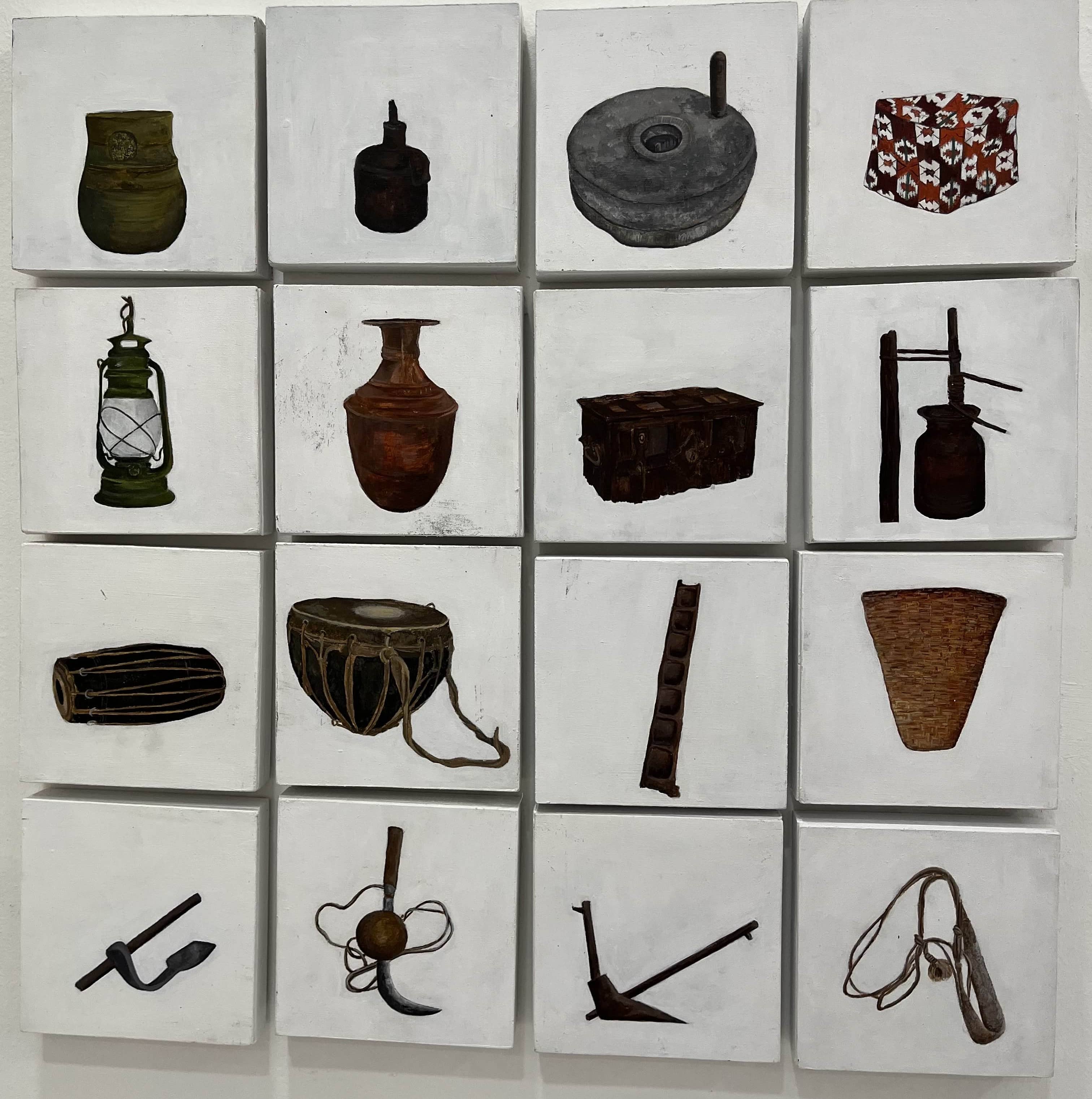 Traditional tools and accessories, highlighting Nepal’s fascinating past. Jaato, Theki, Dokos, Halo, Kodali, Hasiya, Daamlo, Sanduks, and other tools were once a part of daily life. Musical instruments in the second row such as Madal—the icon of Nepali folk music and Damaha, is a key component in Nepal’s Panche Baja.