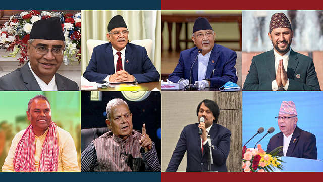 Clockwise: Sher Bahadur Deuba | Pushpa Kamal Dahal | KP Sharma Oli | Rabi Lamichhane | Madhav Kumar Nepal | CK Raut | Mahantha Thakur | Upendra Yadav