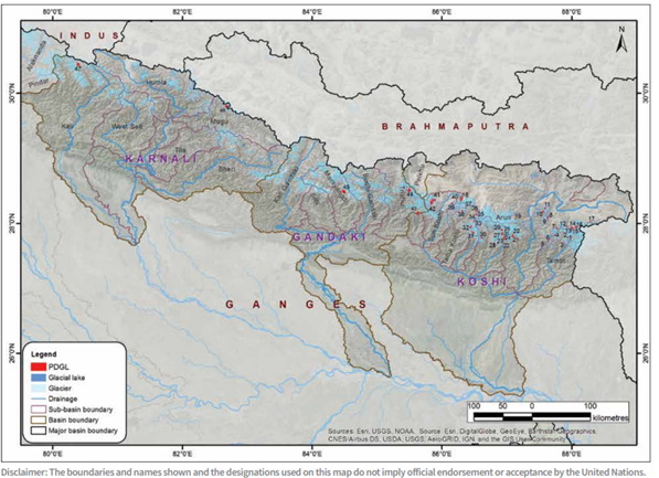 Location of potentially dangerous glacial lakes in the Koshi, Gandaki, and Karnali basins in Nepal, the tar of China, and India. Source: ICIMOD report