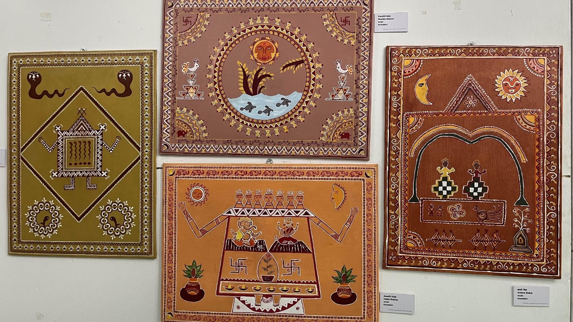 Awadhi Kala—Awadh’s artform depicting Western Nepal’s culture and way of life. The art form originated in ancient Awadh Kingdom or present-day Ayodhya, is practised in Nepal’s particular districts—Dang, Banke, Bardiya, Kapilvastu and others. The artwork on the right depicts the celebration of Kajari Teej, a festival of Awadhi, Bhojpuri and Maithili people—celebrated on Bhadra’s Krishna Paksha Tritiya.