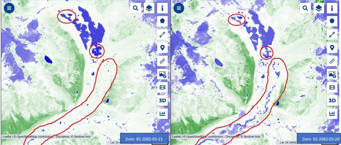 Picture 1: Image before the flood (Left).  Picture 2: Image after the flood(Right). Source: DHM